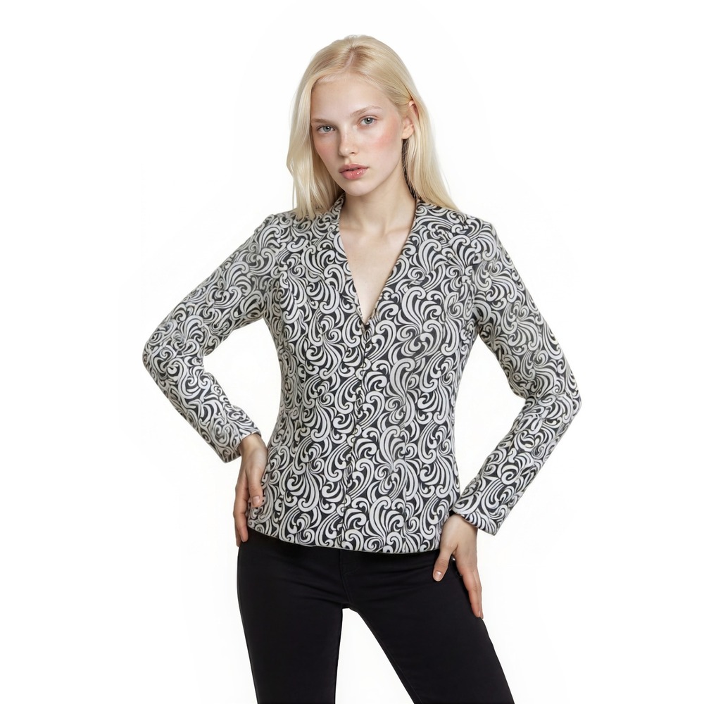 Victor Costa Evening Jacket Women's Size 10 Black White Beaded Swirl Zip Top